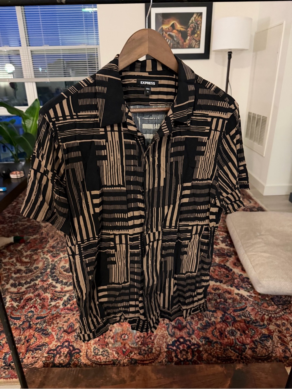 Express Short Sleeve Button-Up Shirt - Black & Tan Geometric